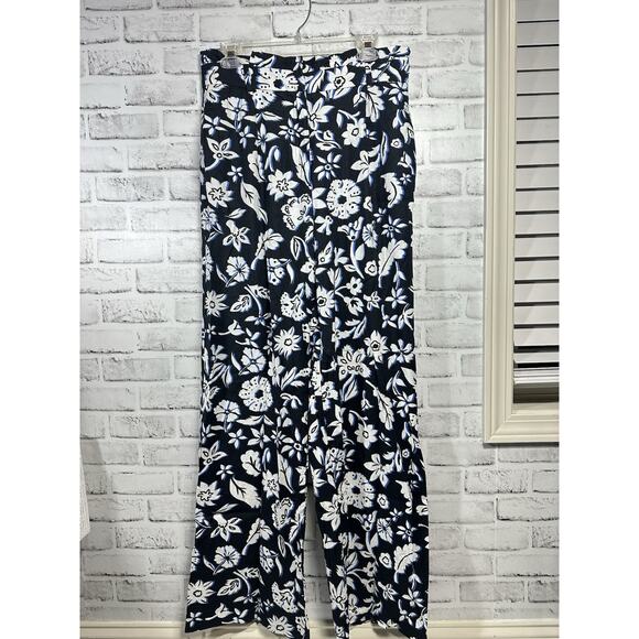 Zara Floral Linen Blend Wide Leg High Rise Trousers Pants Women Size Large Black - Picture 1 of 10